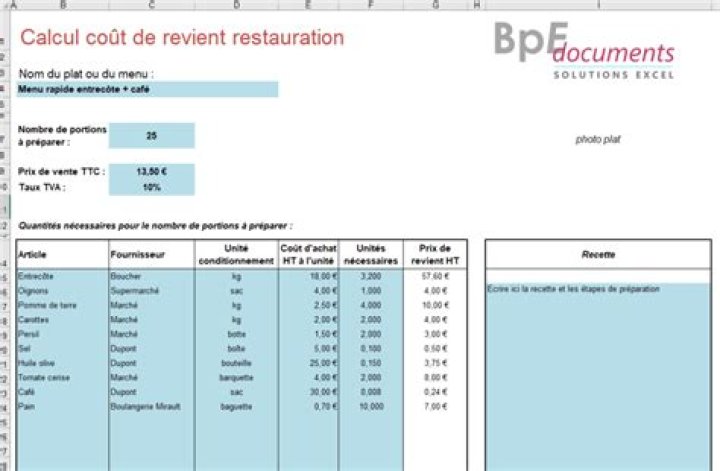 Calcul prix de revient cuisine Excel gratuit : méthode infaillible