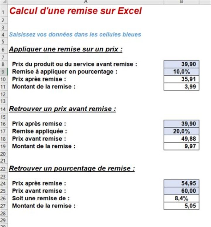 Calcul remise Excel : formule et exemple simple !