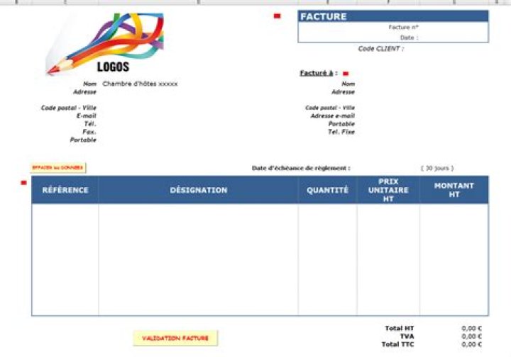 Facture chambre d’hôte Excel : modèle gratuit automatique