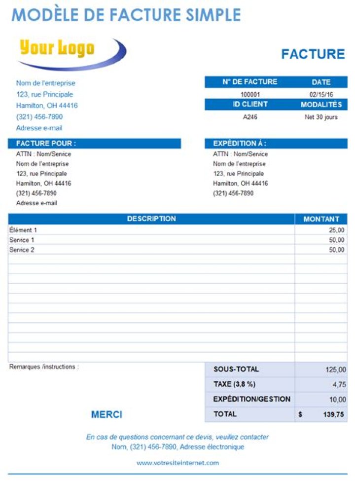Modèle facture d’avoir Excel gratuit : exemple vierge