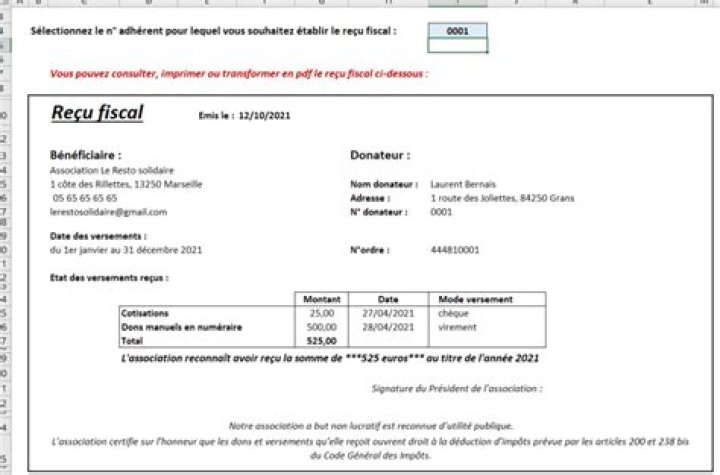 Modèle reçu fiscal association gratuit Excel : NOUVEAU