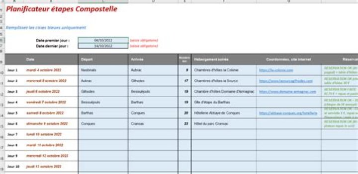 Planificateur d’étapes + check list sac à dos Compostelle – Excel